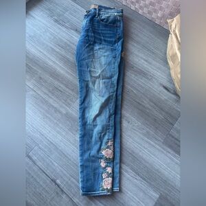 DRIFTWOOD Blue Jeans with Pink Floral Embroidery. Size 28